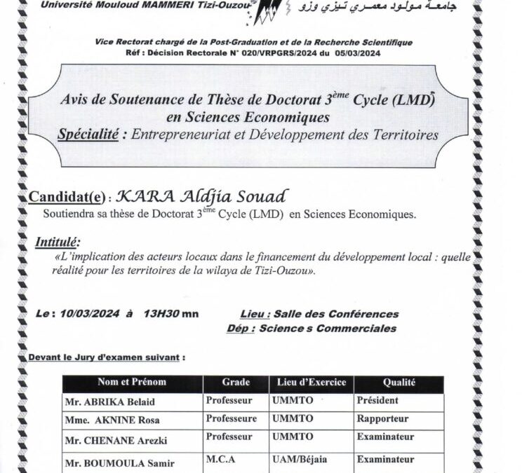 Avis de Soutenance de Thèse de Doctorat 3eme cycle LMD de Mme KARA Aldjia Souad