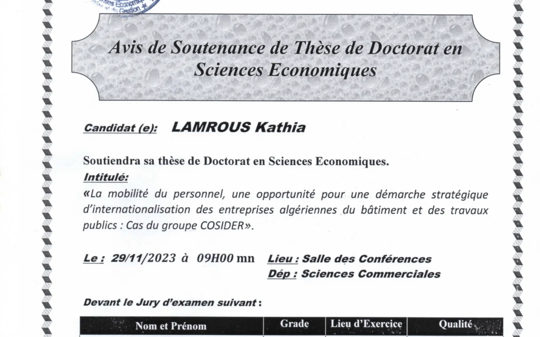 Avis de soutenance de Doctorat en Sciences Economiques Mme Lamrous Katia