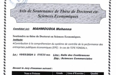 Avis de soutenance de Doctorat en Sciences Economiques Mr  MAHMOUDIA Mehenna