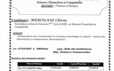 Avis de soutenance de Doctorat en Sciences Financières et Comptabilité de Mme MEROUANI Chiraz
