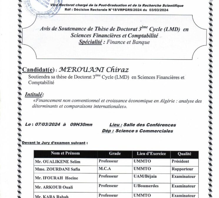 Avis de soutenance de Doctorat en Sciences Financières et Comptabilité de Mme MEROUANI Chiraz