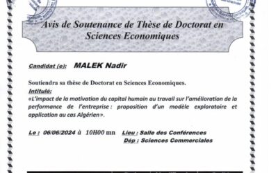 Avis de Soutenance de Thèse de Doctorat en Science Economiques de Mr MALEK Nadir