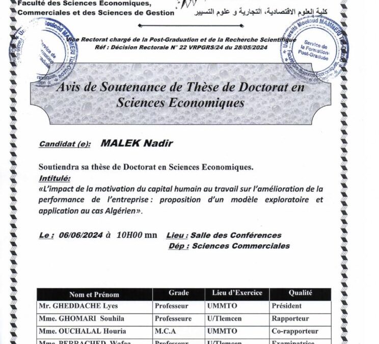 Avis de Soutenance de Thèse de Doctorat en Science Economiques de Mr MALEK Nadir