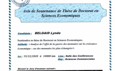 Avis de soutenance de thèse de doctorat en Sciences économiques de Mme Belgaid Lynda