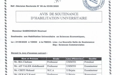 Avis de soutenance d’habitation universitaire de M. Guerchouh Mouloud