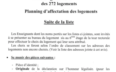 Avis aux enseignants bénéficiaires des 272 logements: Planning d’affectation des logements – Suite de la liste
