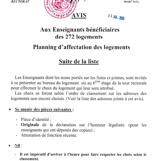 Avis aux enseignants bénéficiaires des 272 logements: Planning d&rsquo;affectation des logements – Suite de la liste