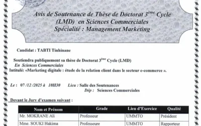 Avis de soutenance de thèse de doctorat LMD en Sciences Commerciales de Madame TABTI Tinhinane