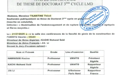 Avis de soutenance de thèse de doctorat LMD en Génie Civil de Madame TILMATINE Thileli (inscrite en cotutelle)