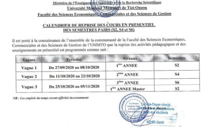 Calendrier de reprise des activités pédagogiques en présentiel FSECSG