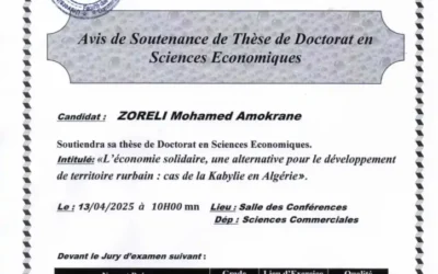 Avis de soutenance de thèse de doctorat en Sciences Economiques de Mr ZORELI Mohamed Amokrane