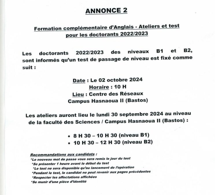 Affectation des doctorants pour le test d&rsquo;Anglais du 2 Octobre 2024