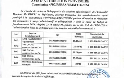 Avis d’attribution n°07/FSBSA/UMMTO/2024