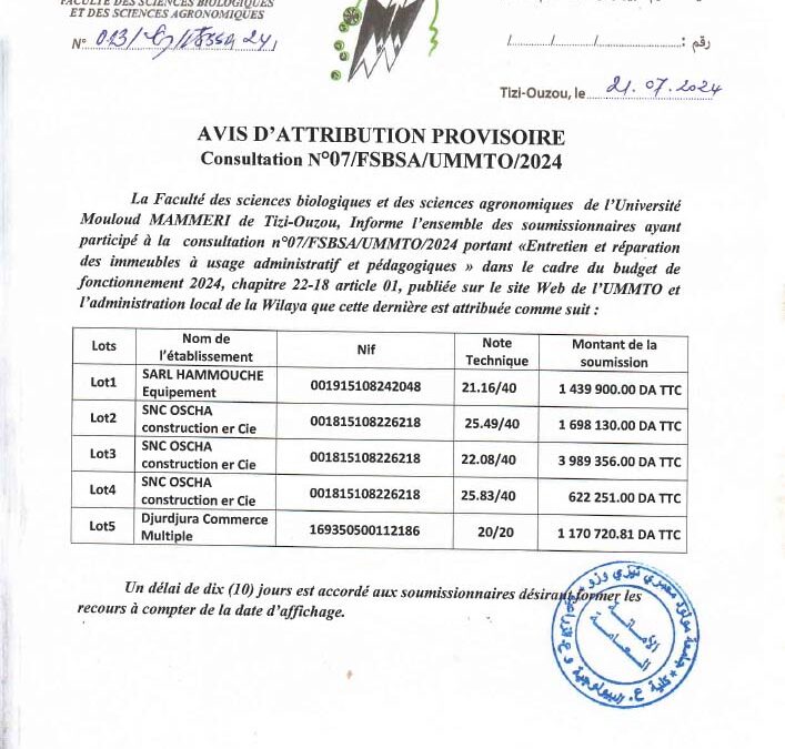 Avis d&rsquo;attribution n°07/FSBSA/UMMTO/2024