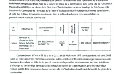 Avis d’attribution provisoire de la consultation N°04/FGC/UMMTO/2024