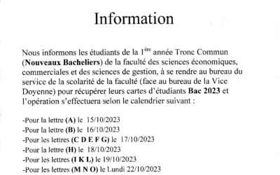 Information aux étudiants: 1ère année tronc commun (Nouveaux Bacheliers) de la faculté des sciences économiques