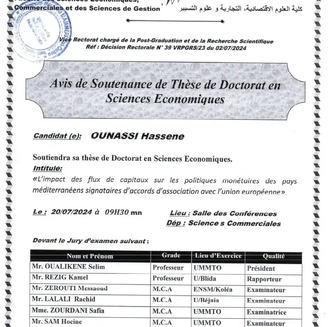 Avis de soutenance Ounnassi Hassene