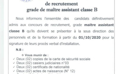 Avis aux candidats retenus au concours MACB et fiche de renseignement