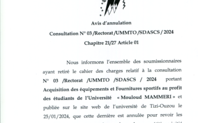 Avis d’annulation consultation: N°03/RECTORAT/UMMTO/SDASCS/2024