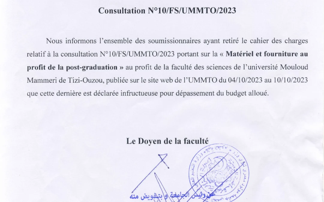 AVIS D’INFRUCTUOSITE Consultation No 1O/FS/UMMTO/ 2023