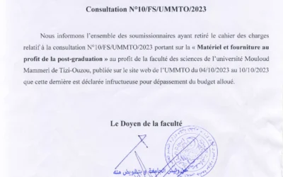 AVIS D’INFRUCTUOSITE Consultation No 1O/FS/UMMTO/ 2023
