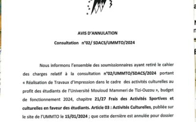 Avis d’Annulation Consultation N°02/SDACS/UMMTO/2024