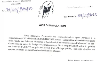 Avis d’annulation de la consultation N°07/FSHS/UMMTO/2022