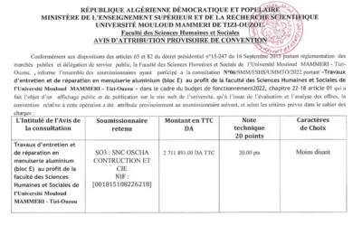 Avis d’attribution provisoire N°06/FSHS/UMMTO/2022