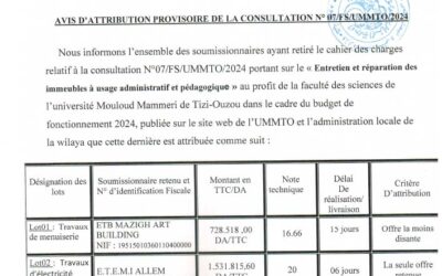 Avis d’attribution n°07/FS/UMMTO/2024