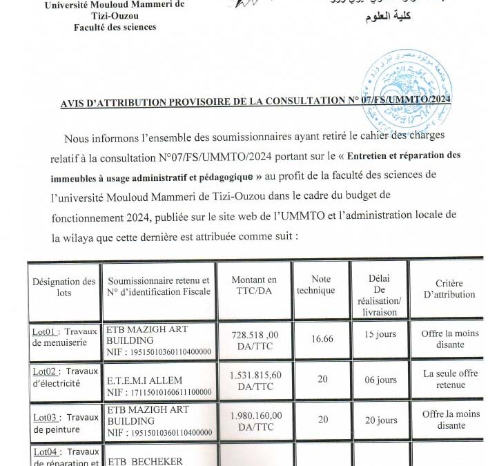 Avis d’attribution n°07/FS/UMMTO/2024