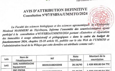 Avis d’attribution définitive n°07/FSBSA/UMMTO/2024