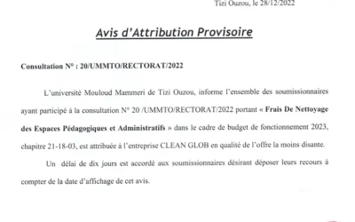 Avis d’attribution provisoire nettoyage 2023