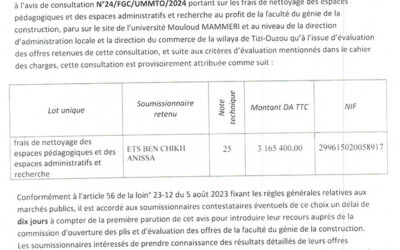 Avis d’attribution provisoire n°24/FGC/UMMTO/2024