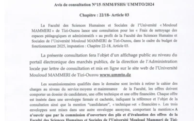 Avis de consultation N 15 /SMM/FSHS/UMMTO/2024