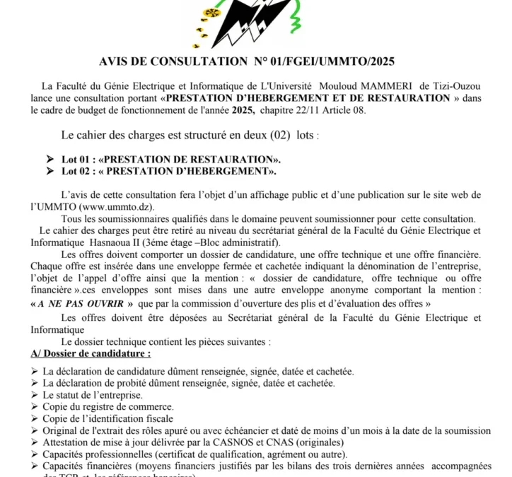 Avis de Consultation N° 01/FGEI/UMMTO/2025