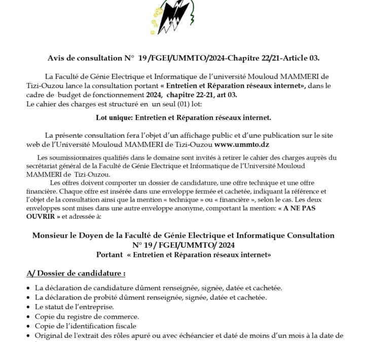 Avis de consultation N° 19/FGEI/UMMTO/2024