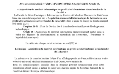Avis de consultation N° 20/FGEI/UMMTO/2024