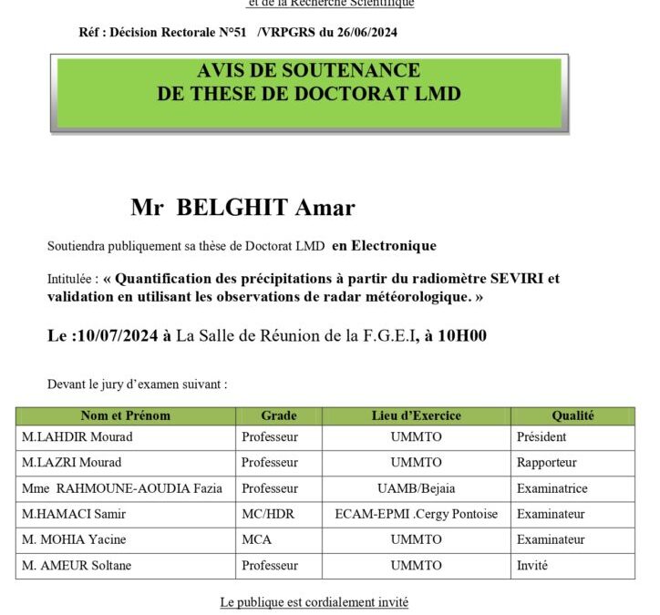Avis de Soutenance de Thèse de Doctorat LMD de Mr BELGHIT Amar