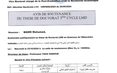 Avis de Soutenance de Thèse de Doctorat LMD de Mr BADRI Mohamed