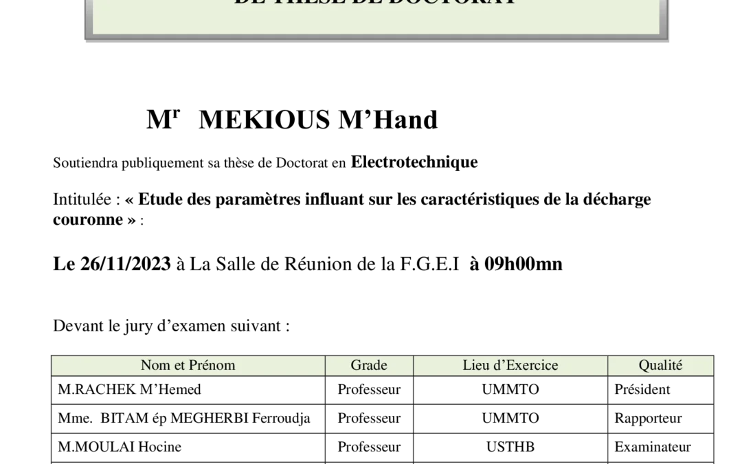 Avis de soutenance de thèse de Doctorat: M r MEKIOUS M’Hand