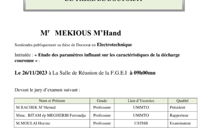 Avis de soutenance de thèse de Doctorat: M r MEKIOUS M’Hand