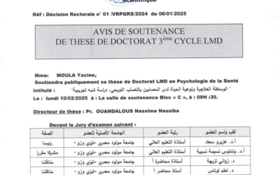 Avis de soutenance de Thèse de Doctorat LMD de Mme MOULA Yacine