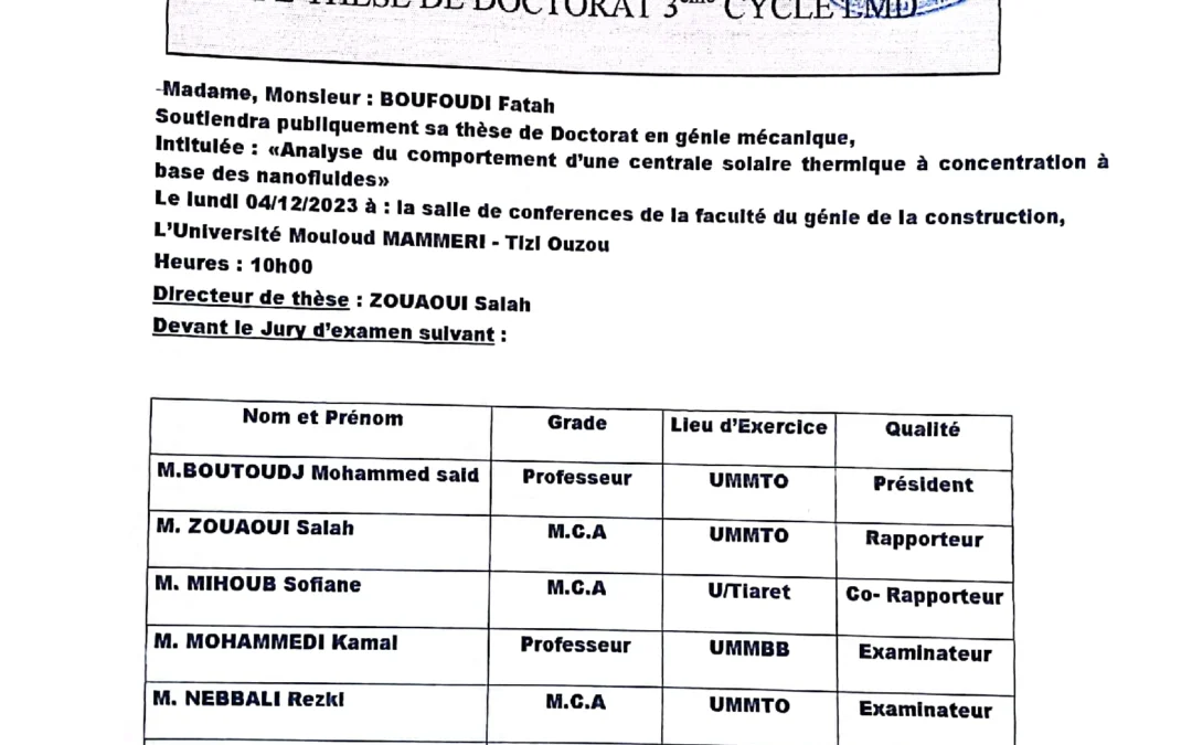 Avis de soutenance de Doctorat 3eme cycle LMD  Mr BOUFOUDI FATAH