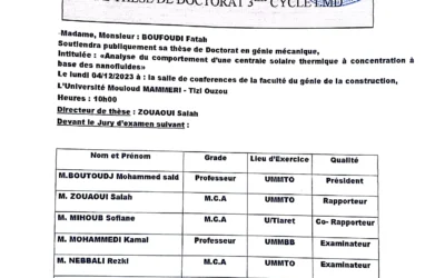 Avis de soutenance de Doctorat 3eme cycle LMD  Mr BOUFOUDI FATAH