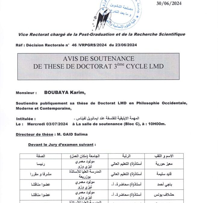 Avis de Soutenance de Thèse de Doctorat LMD de Mr BOUBAYA Karim