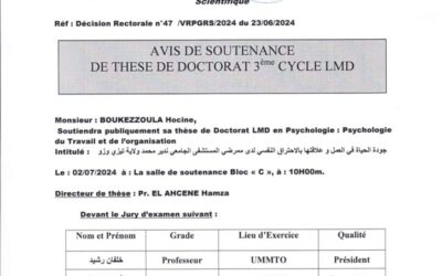 Avis de Soutenance de Thèse de Doctorat LMD de Mr BOUKEZZOULA Hocine