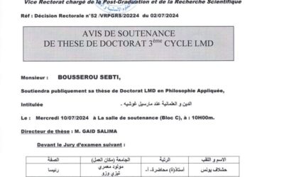 Avis de Soutenance de Thèse de Doctorat LMD de Mr BOUSSEROU Sebti