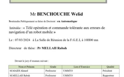 Avis de soutenance de Thèse de Doctorat LMD  Mr Benchouche Welid