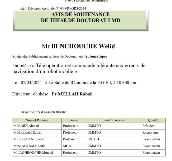 Avis de soutenance de Thèse de Doctorat LMD Mr Benchouche Welid