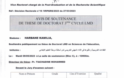 Avis de soutenance Mme HARBANE KAMILIA